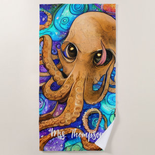 Sea Squid with Personalised Name Beach Towel