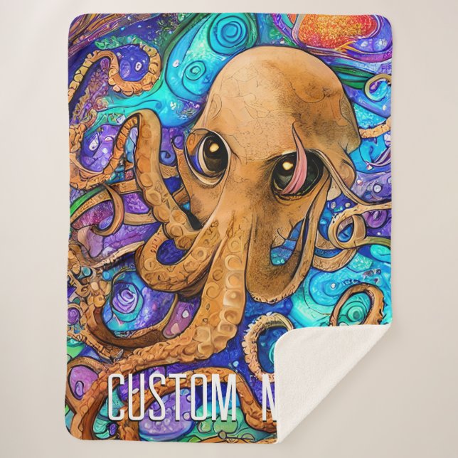Sea Squid with Personalised Name Sherpa Blanket (Front)