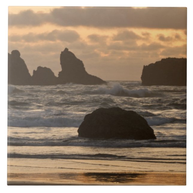 Sea stacks on the beach at Bandon, Oregon Tile (Front)