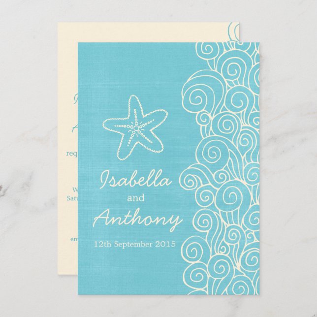 Sea star & swirls blue & cream wedding invitation (Front/Back)