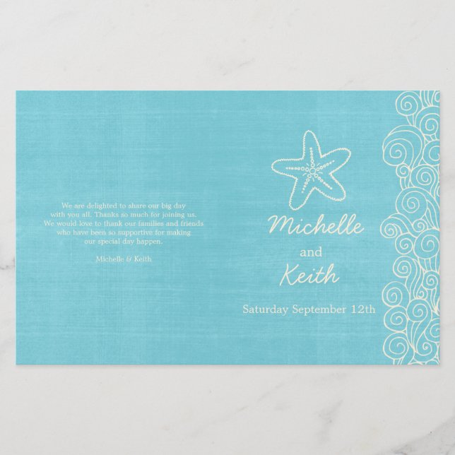Sea star & swirls blue cream wedding programs (Front)