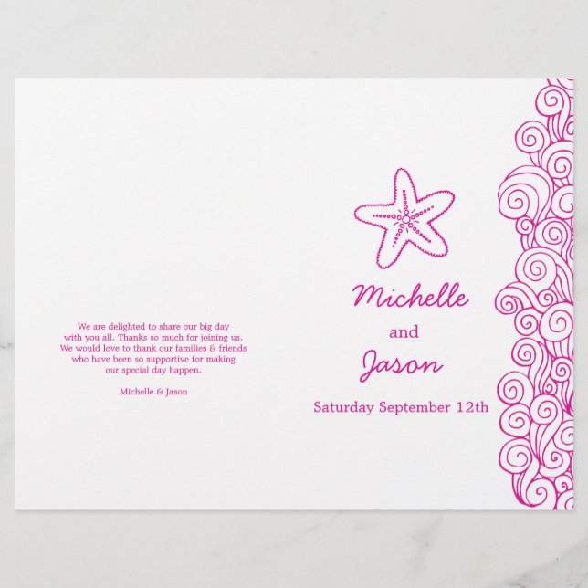 Sea star & swirls pink white wedding programs (Front)