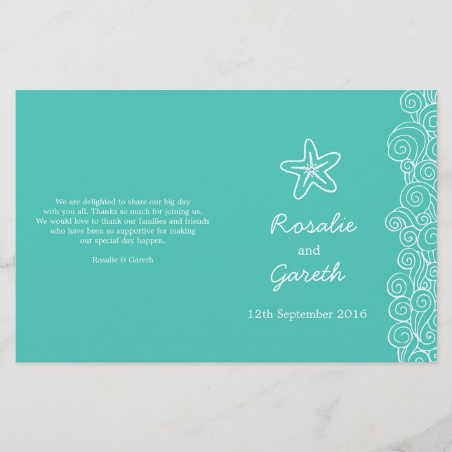 Sea star & swirls teal green wedding programme (Front)