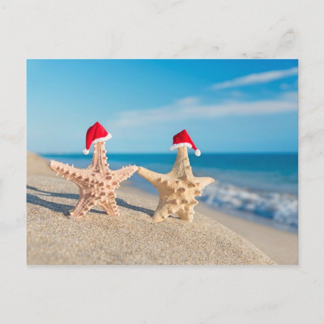 Sea-Stars Couple In Santa Hats Walking At Beach Holiday Postcard (Front)