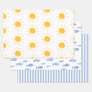Sea sun blue fish stripes  wrapping paper sheet
