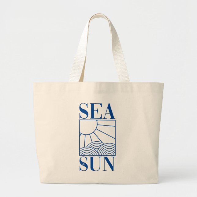 "Sea & Sun" minimal icon with waves & sunbeams Large Tote Bag (Front)