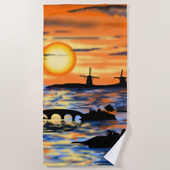 Sea Sunset Beach Towel Netherland Windmill (Front)