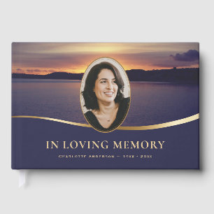 Sea Sunset Blue Gold Funeral Memorial Photo Guest Book
