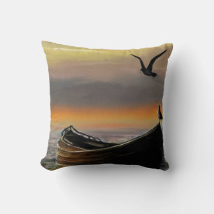 Sea Sunset Boat Seagull Flying Throw Pillow