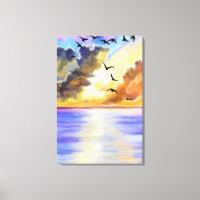 Sea Sunset Flying Birds Canvas Print - Painting