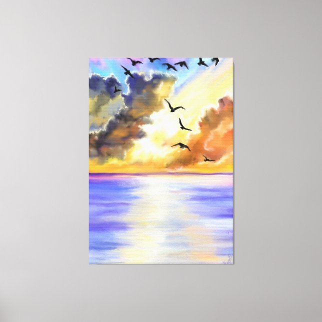 Sea Sunset Flying Birds Canvas Print - Painting (Front)