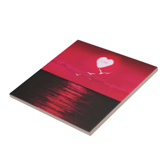 Sea Sunset Love Heart Ceramic Tile - Black Red (Side)
