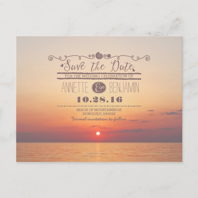 sea sunset romantic beach save the date postcard (Front)