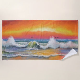 Sea Sunset Waves Beach Towel