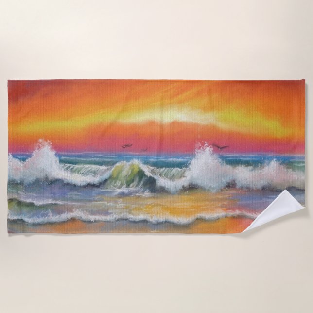 Sea Sunset Waves Beach Towel (Front)