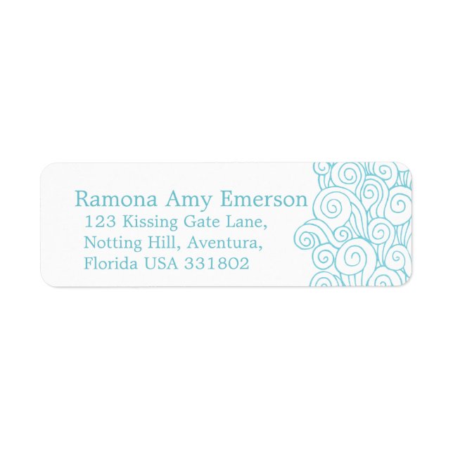 Sea swirl white slim wedding return reply label (Front)