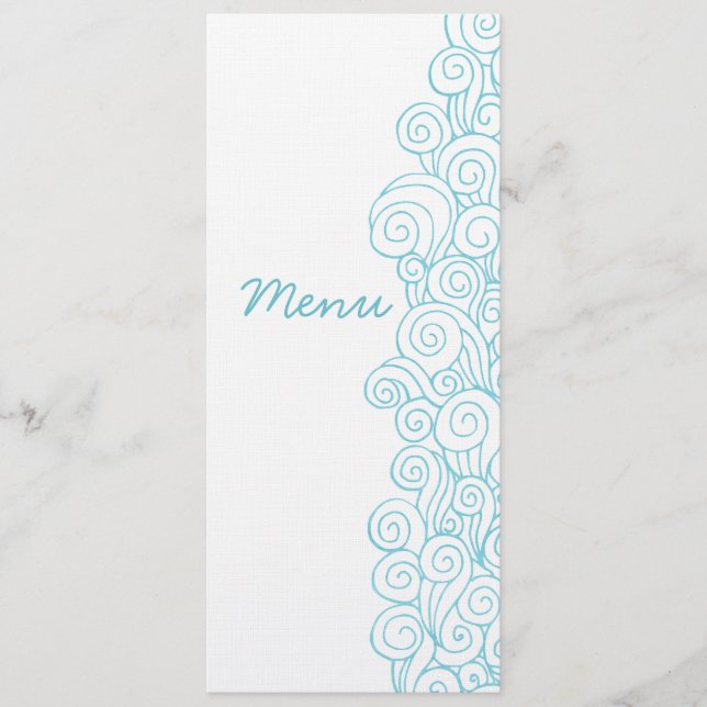 Sea swirls beach blue white wedding menu (Front)