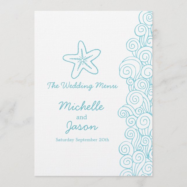 Sea swirls star blue & white wedding dinner menu (Front)