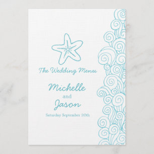 Sea swirls star blue & white wedding dinner menu