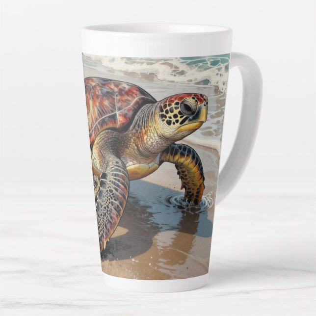 Sea Turtle and Baby Illustration Latte Mug (Right Angle)