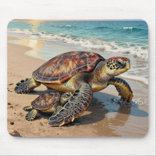 Sea Turtle and Baby Illustration Mouse Pad