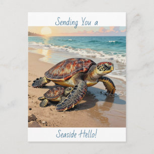 Sea Turtle and Baby Illustration   Saying Hello Postcard