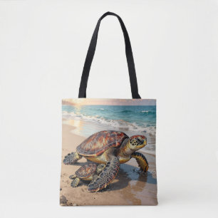Sea Turtle and Baby Illustration Tote Bag