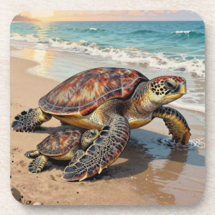 Sea Turtle and Baby on Beach Illustration Coaster