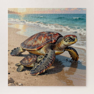 Sea Turtle and Baby on Beach Illustration Jigsaw Puzzle