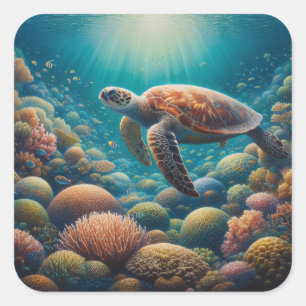Sea Turtle and Coral Square Sticker