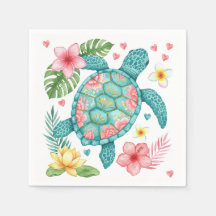 Sea Turtle and Tropical Flowers
