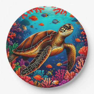 Sea Turtle and Vibrant Coral Reef Paper Plate