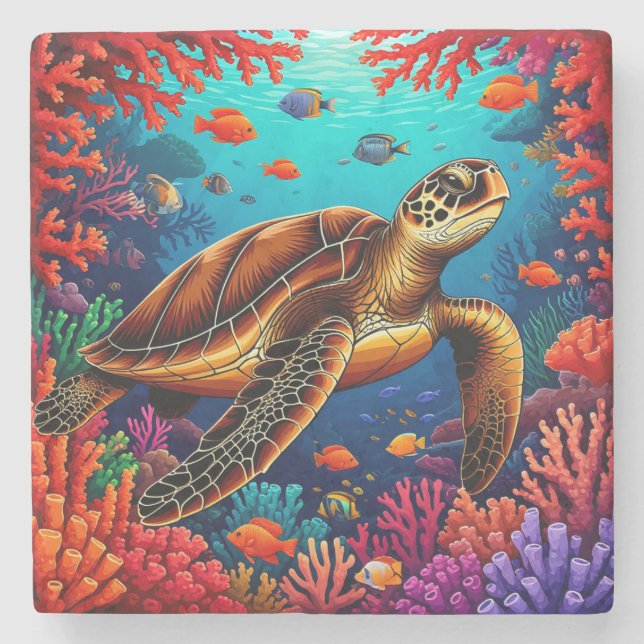 Sea Turtle and Vibrant Coral Reef Stone Coaster (Front)