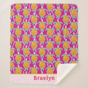 Sea Turtle and Waves Pink Background With Name Sherpa Blanket