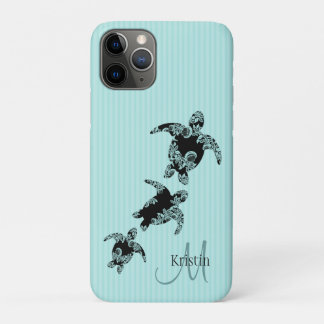 Sea Turtle Aqua Stripe with Monogram Case-Mate iPhone Case