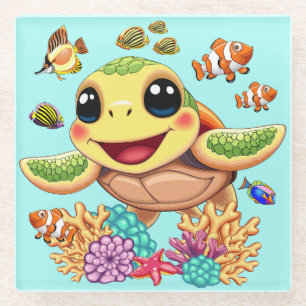Sea Turtle Baby Happy and Cute Character Glass Coaster