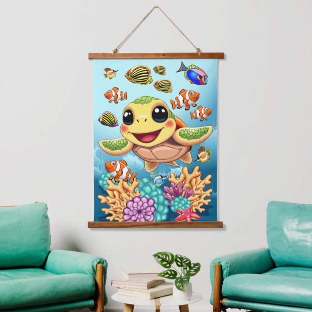 Sea Turtle Baby Happy and Cute Character Hanging Tapestry (Living Room)