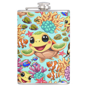 Sea Turtle Baby Happy and Cute Character Hip Flask