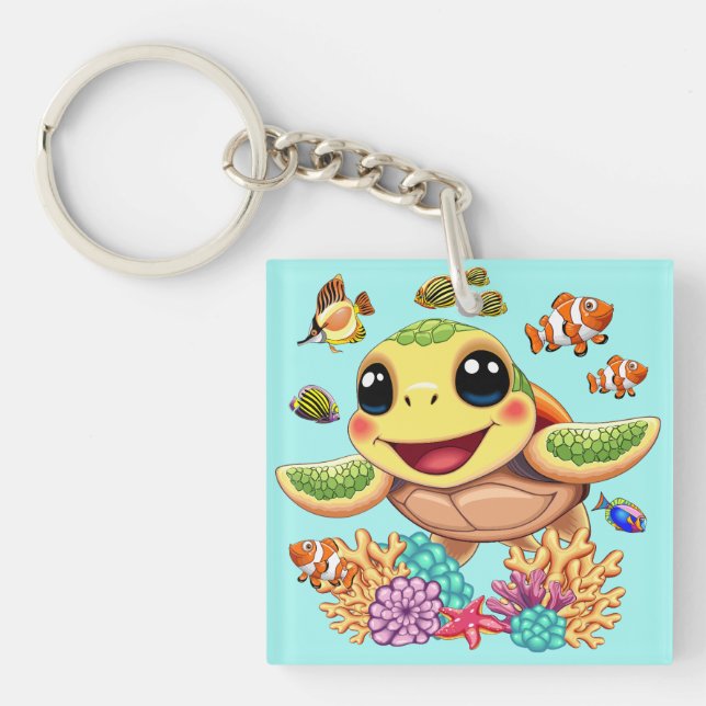 Sea Turtle Baby Happy and Cute Character Key Ring (Front)