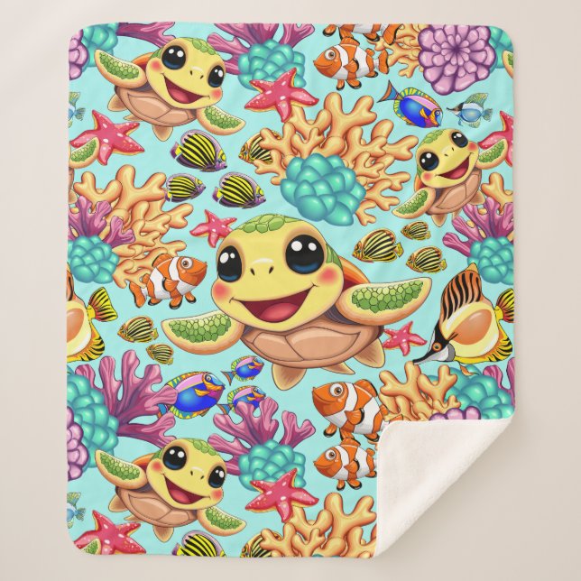 Sea Turtle Baby Happy and Cute Character Sherpa Blanket (Front)