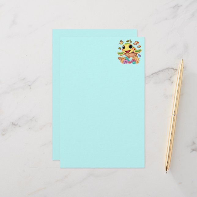 Sea Turtle Baby Happy and Cute Character Stationery (Front/Back In Situ)