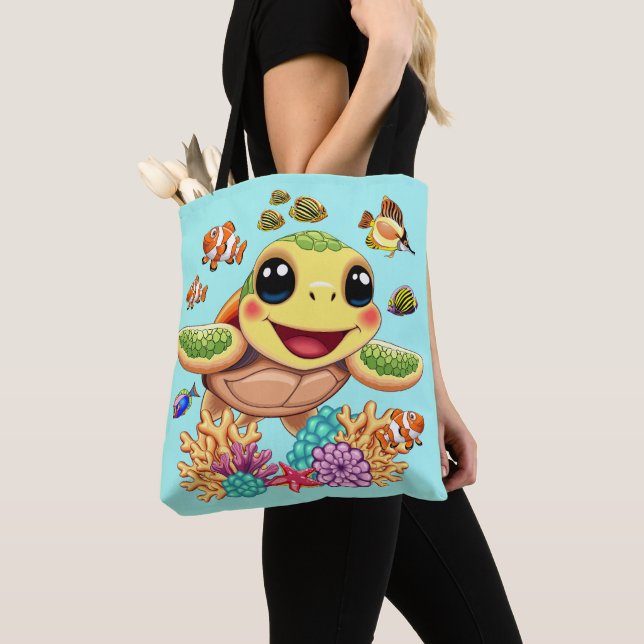Sea Turtle Baby Happy and Cute Character Tote Bag (Close Up)