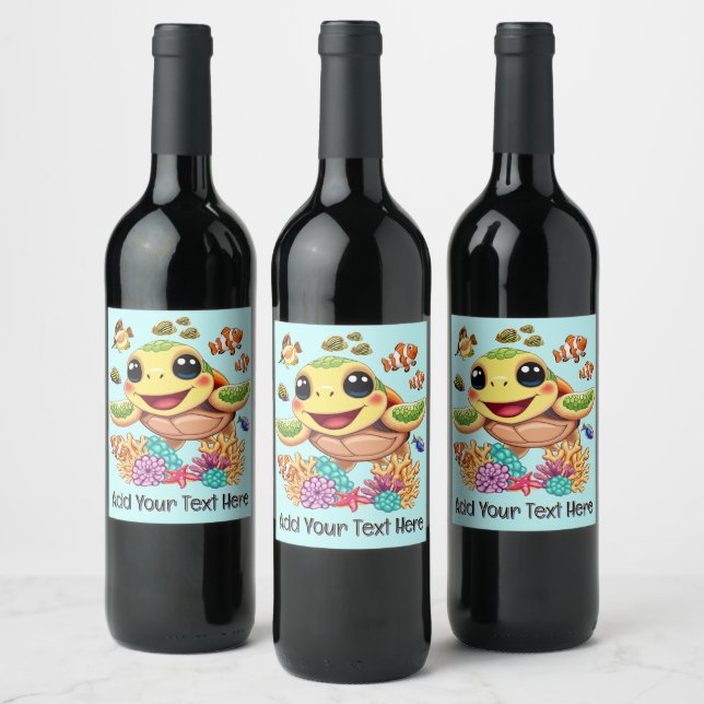 Sea Turtle Baby Happy and Cute Character Wine Label (Bottles)