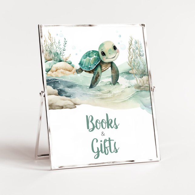 Sea Turtle Baby Shower Books and Gifts Poster (A Little Hatching Is On the Way Baby Shower Books and Gifts Sign)