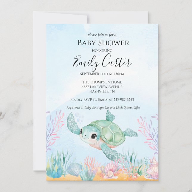 Sea Turtle Baby Shower Invitation - Pink (Front)
