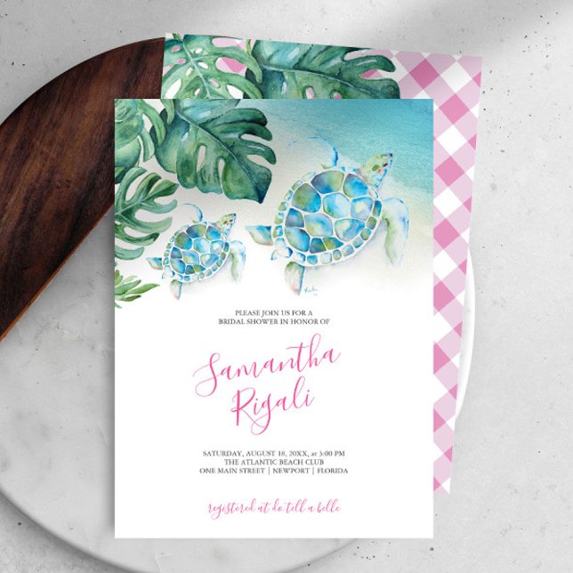 Sea Turtle Baby Shower Invitations Girls (Baby shower invitations girl pink gingham tropical sea turtle art Victoria Grigaliunas DoTellABelle)