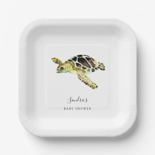 Sea Turtle Baby Shower Watercolor Minimal Paper Plate (Front)