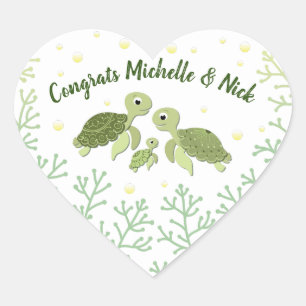 Sea Turtle Baby Shower White Heart Sticker