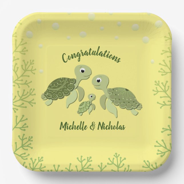 Sea Turtle Baby Shower Yellow Paper Plates 9" (Front)