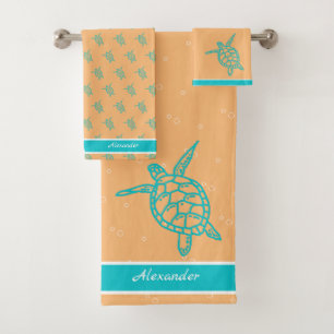 Sea Turtle Bathroom Peach Teal Blue white  Bath Towel Set